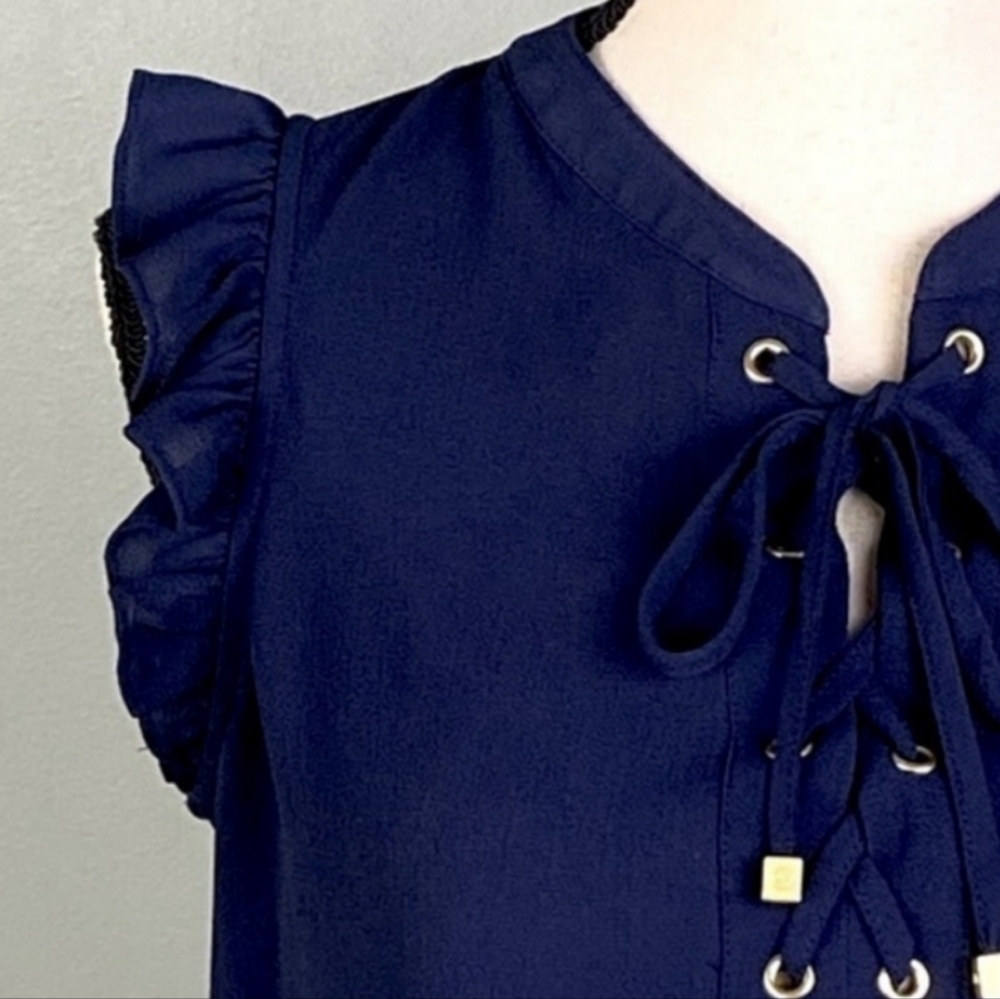 MICHAEL KORS Sleeveless Navy Blue Tank Blouse Flutter Sleeve Lace Up Collar Gold
